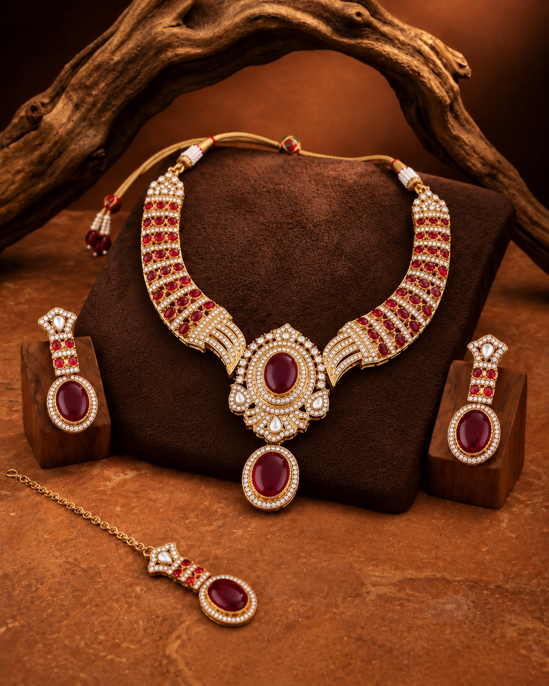 Maroon Saumili Premium Sabya Inspired Necklace Set with Earring & Teeka