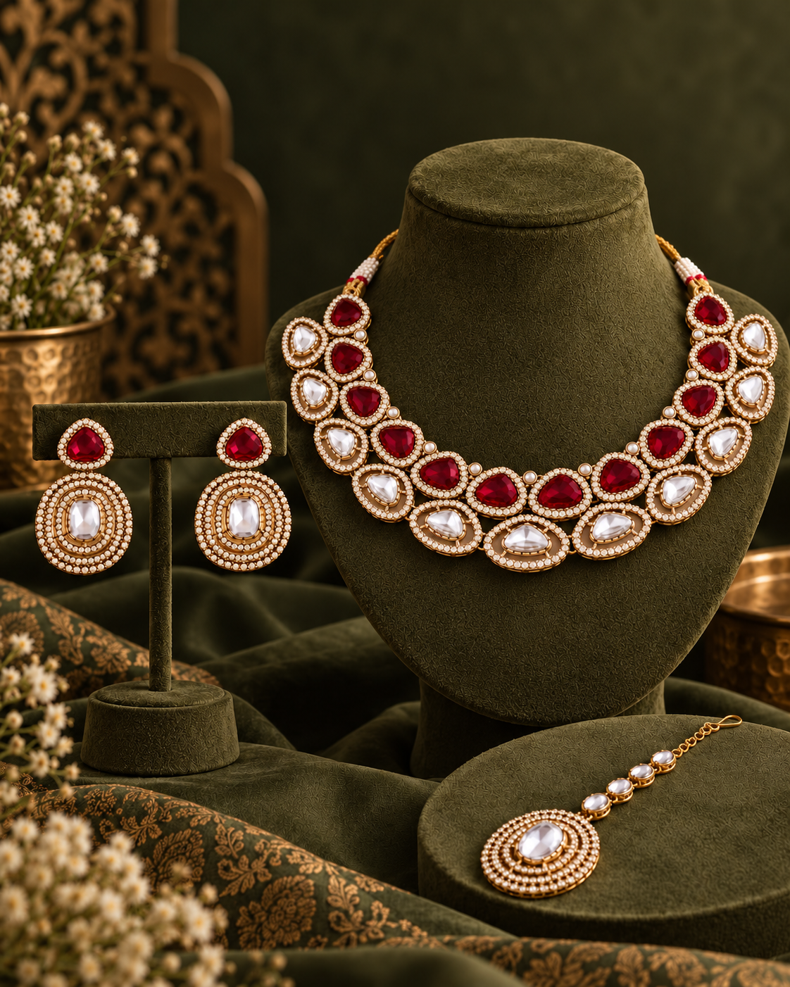 Red Rajnivanshi Premium Polki Dupe Necklace with Earring and Teeka