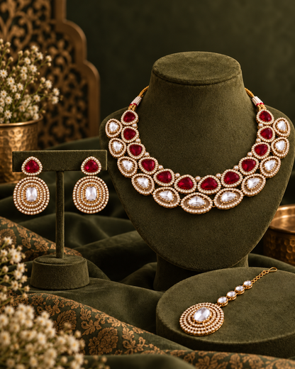 Red Rajnivanshi Premium Polki Dupe Necklace with Earring and Teeka