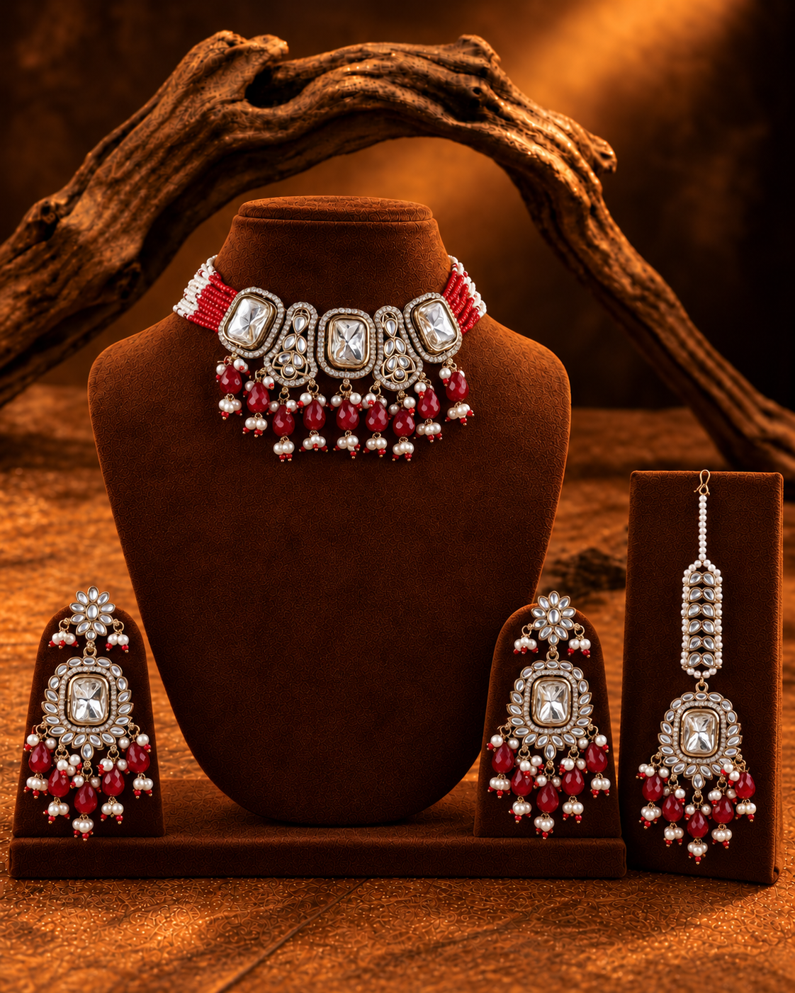 Red Vrishtika Premium Polki Dupe Choker Necklace With Earring & Teeka