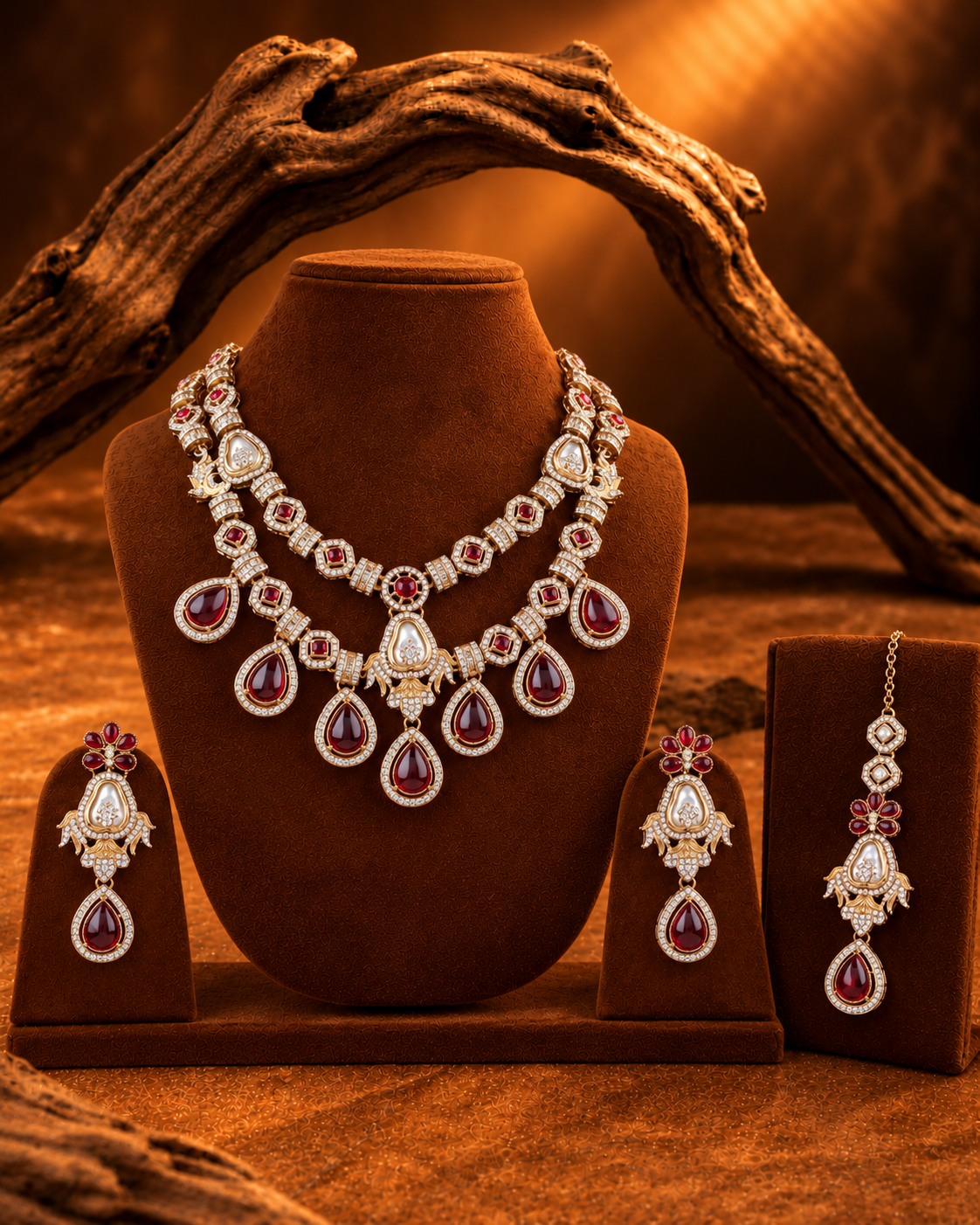 Maroon Amrita Premium Sabya Inspired Necklace Set with Earring & Teeka