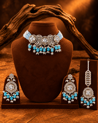 Turquoise Aaradhika Premium Polki Dupe Choker Necklace With Earring & Teeka