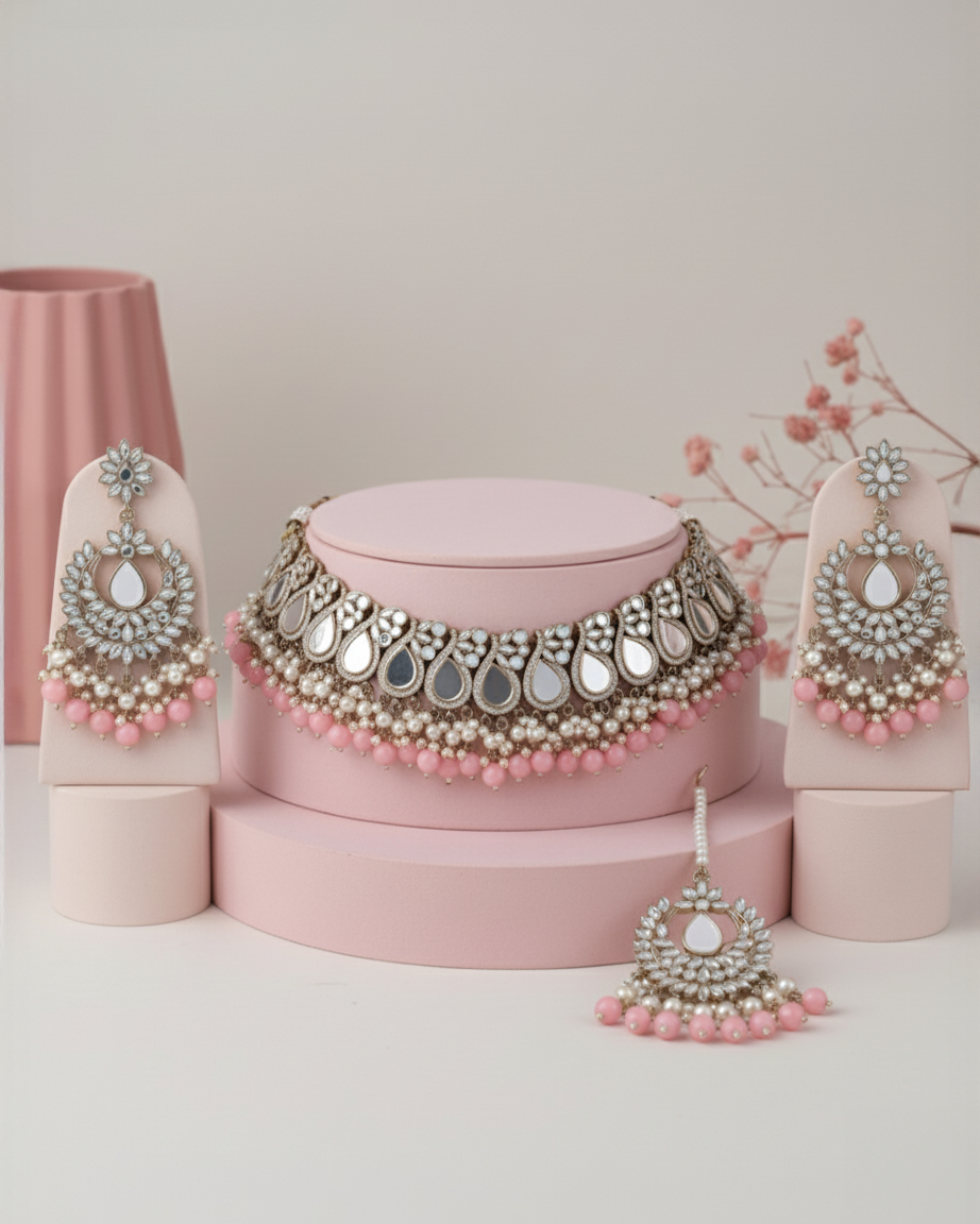 Blush Sehnaz Mirror Necklace Earring & Maangteeka