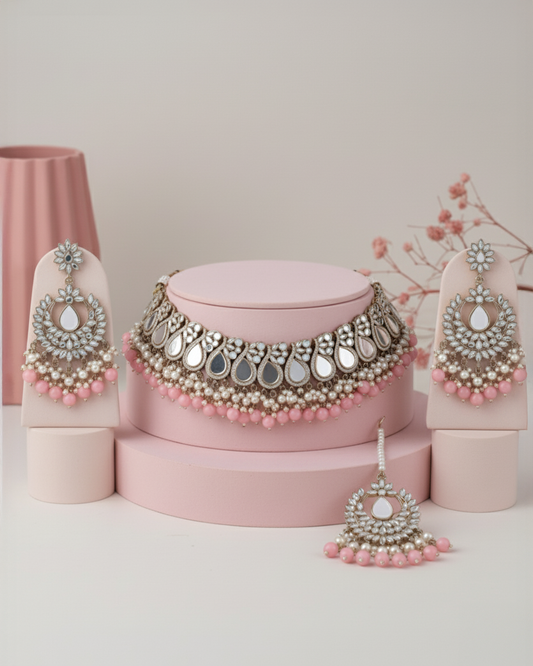 Blush Sehnaz Mirror Necklace Earring & Maangteeka