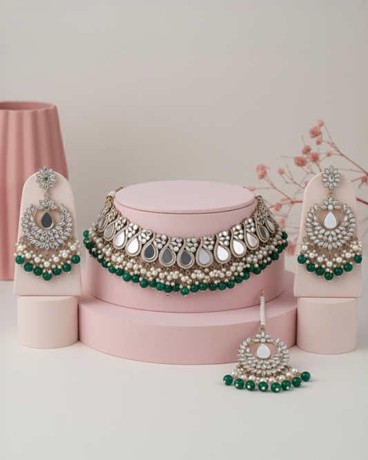 Green Sehnaz Mirror Necklace Earring & Maangteeka