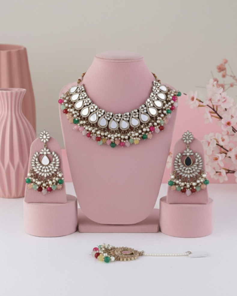Multi Sehnaz Mirror Necklace Earring & Maangteeka