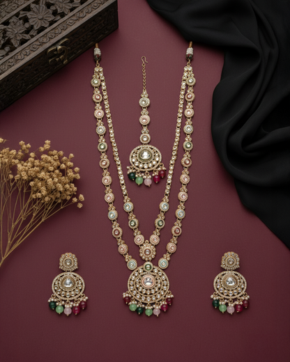 Multi Safiya Premium Long Meenakari detailed Necklace with Earring and Teeka