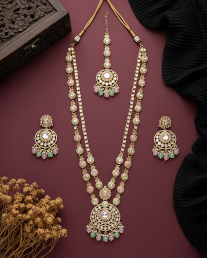 Pastel Safiya Premium Long Meenakari detailed Necklace with Earring and Teeka