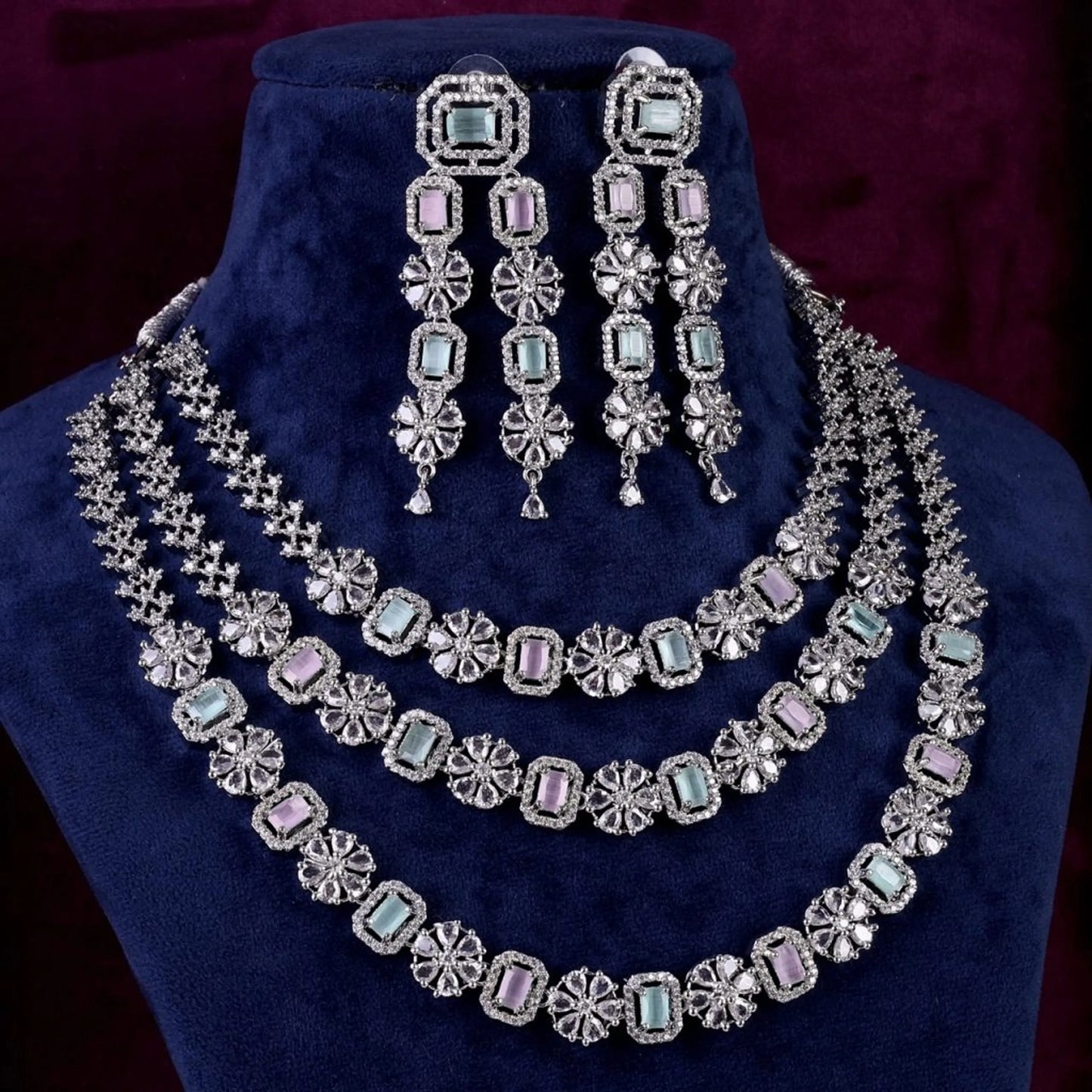 Pastel Salina 3 Layer American Diamond Necklace Set