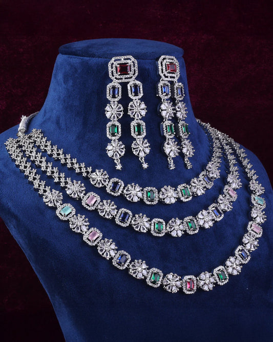 Multi Salina 3 Layer American Diamond Necklace Set