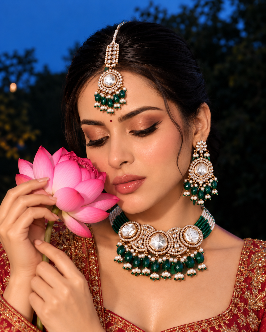 Green Aaradhika Premium Polki Dupe Choker Necklace With Earring & Teeka