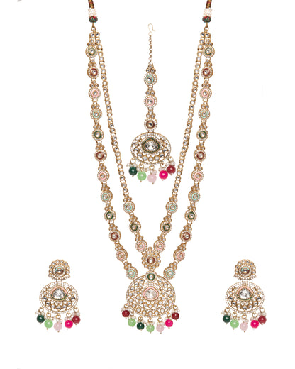 Multi Safiya Premium Long Meenakari detailed Necklace with Earring and Teeka
