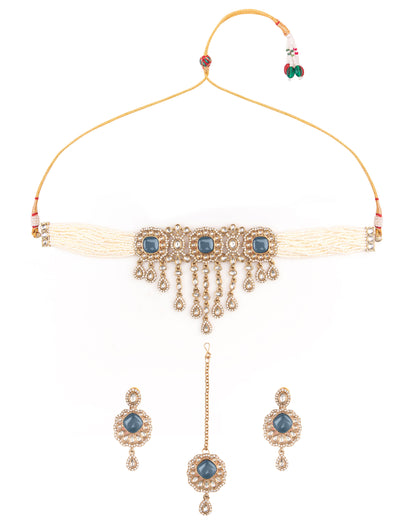 Blue Meher Premium Necklace with Earring and Mangteeka 