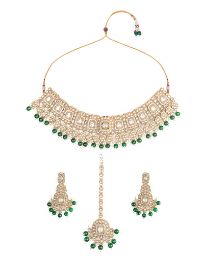 Green Upneet Premium Polki Dupe Necklace with Earring and Teeka