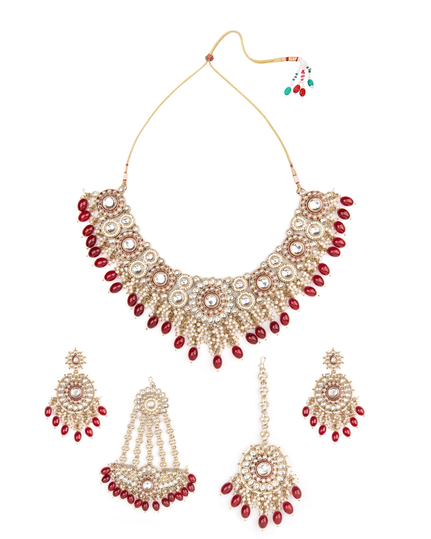 Dark Red Yoshita Necklace Earring with Teeka and Side Jhumar/Passa