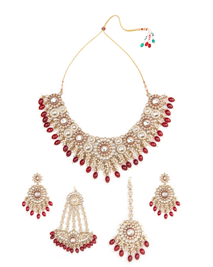 Dark Red Yoshita Necklace Earring with Teeka and Side Jhumar/Passa
