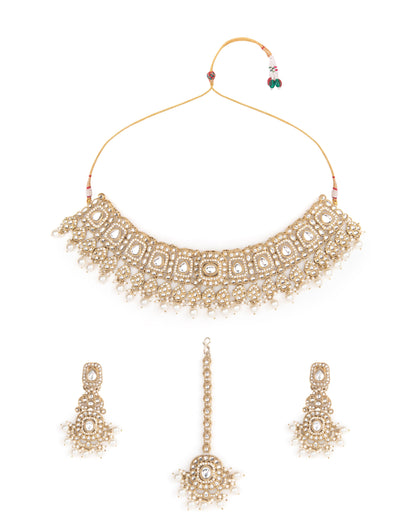 Pearl Upneet Premium Polki Dupe Necklace with Earring and Teeka