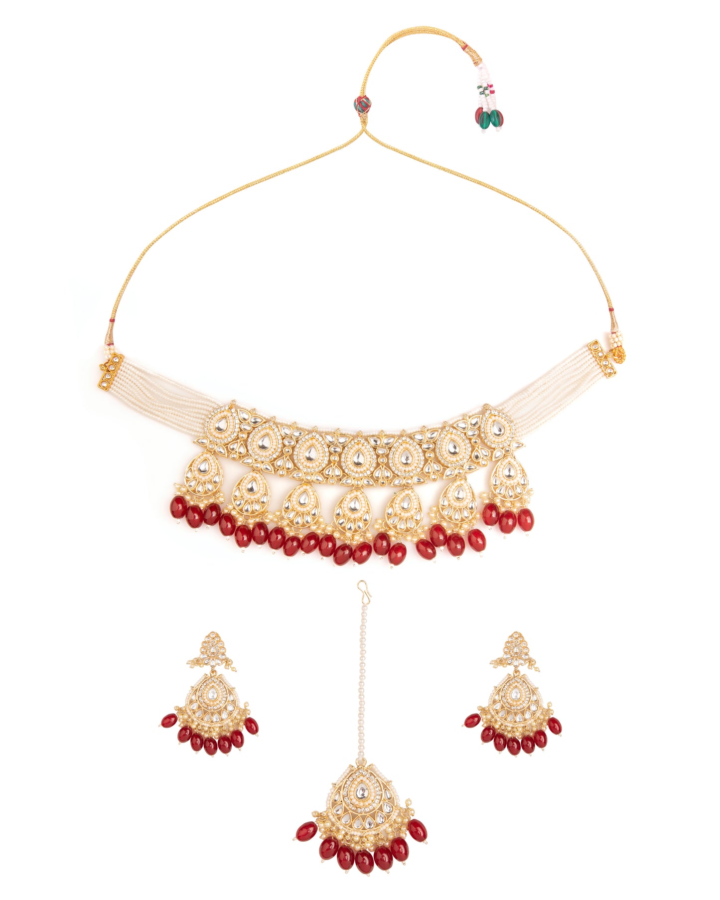 Red Devika Kundan Necklace Set with Chandbali Earring and Mangteeka