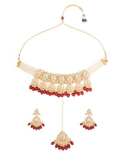 Red Devika Kundan Necklace Set with Chandbali Earring and Mangteeka