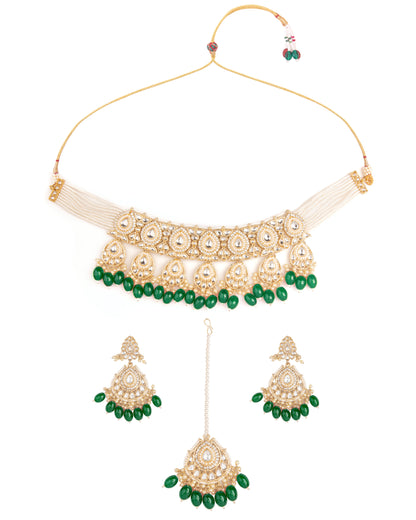 Green Devika Kundan Necklace Set with Chandbali Earring and Mangteeka