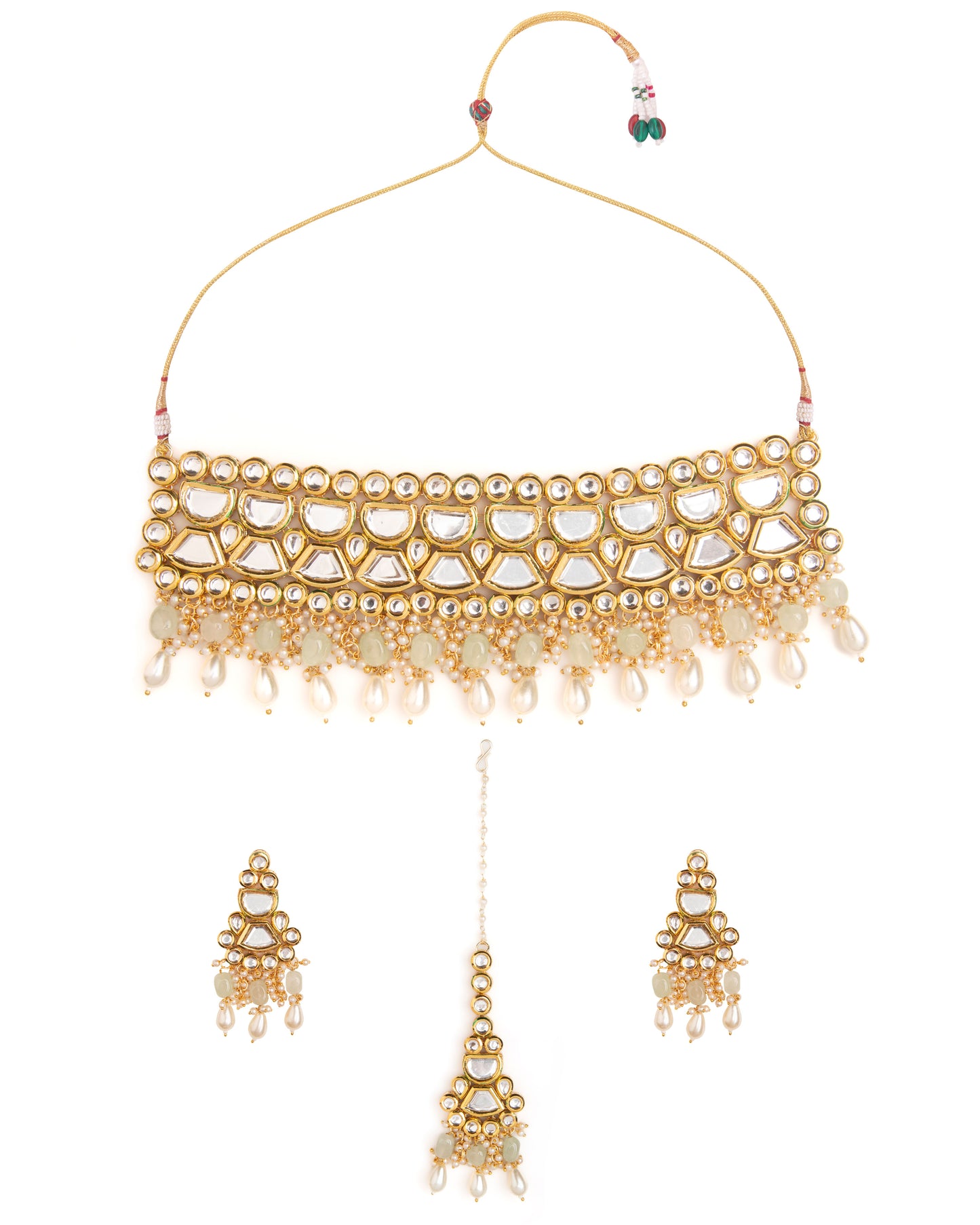 Mint Guranshi Dabi Kundan Choker Necklace with Earring and Mangteeka