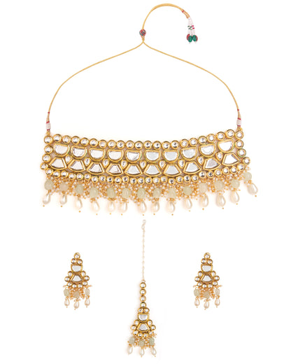 Mint Guranshi Dabi Kundan Choker Necklace with Earring and Mangteeka