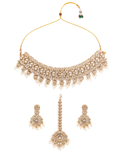 Pearl Shravya Premium Polki Dupe Necklace with Earring and Teeka