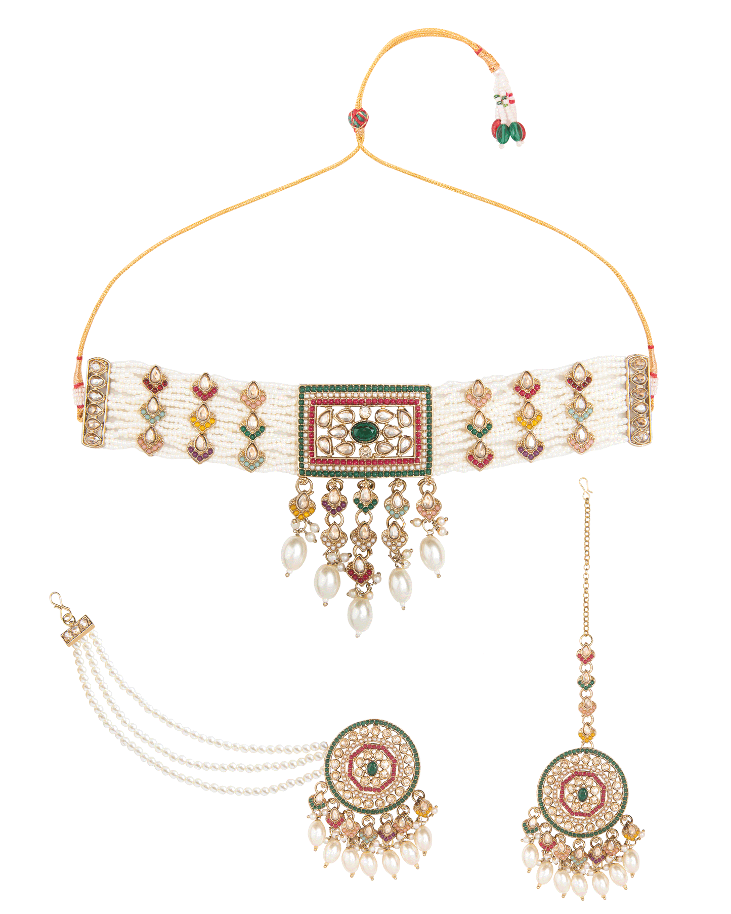Multi Ruhika Heritage Pearl Choker Necklace Set With Earring & Teeka