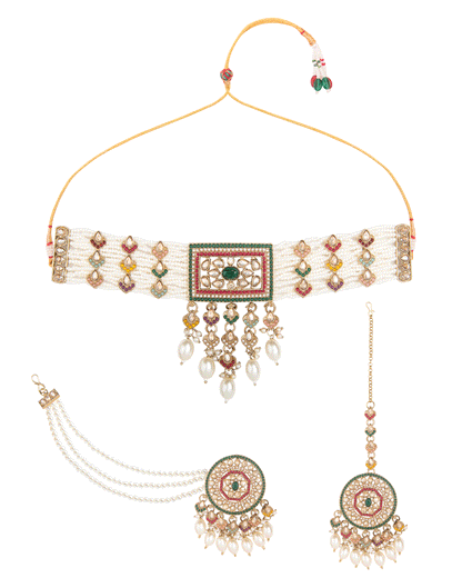 Multi Ruhika Heritage Pearl Choker Necklace Set With Earring & Teeka