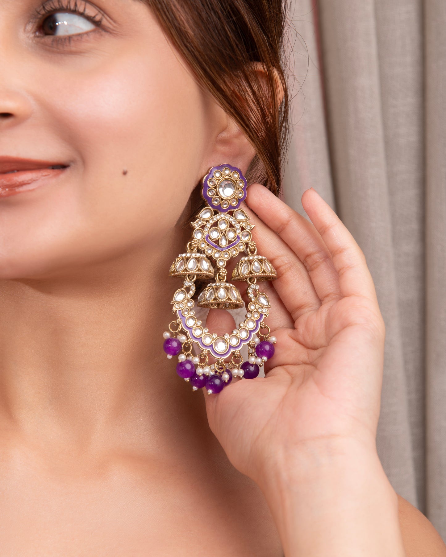 Purple Taha Meenakari Zircon Jhumki Earring