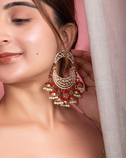 Red Anvika Desginer Meenakari Chandbali Jhumki Earring
