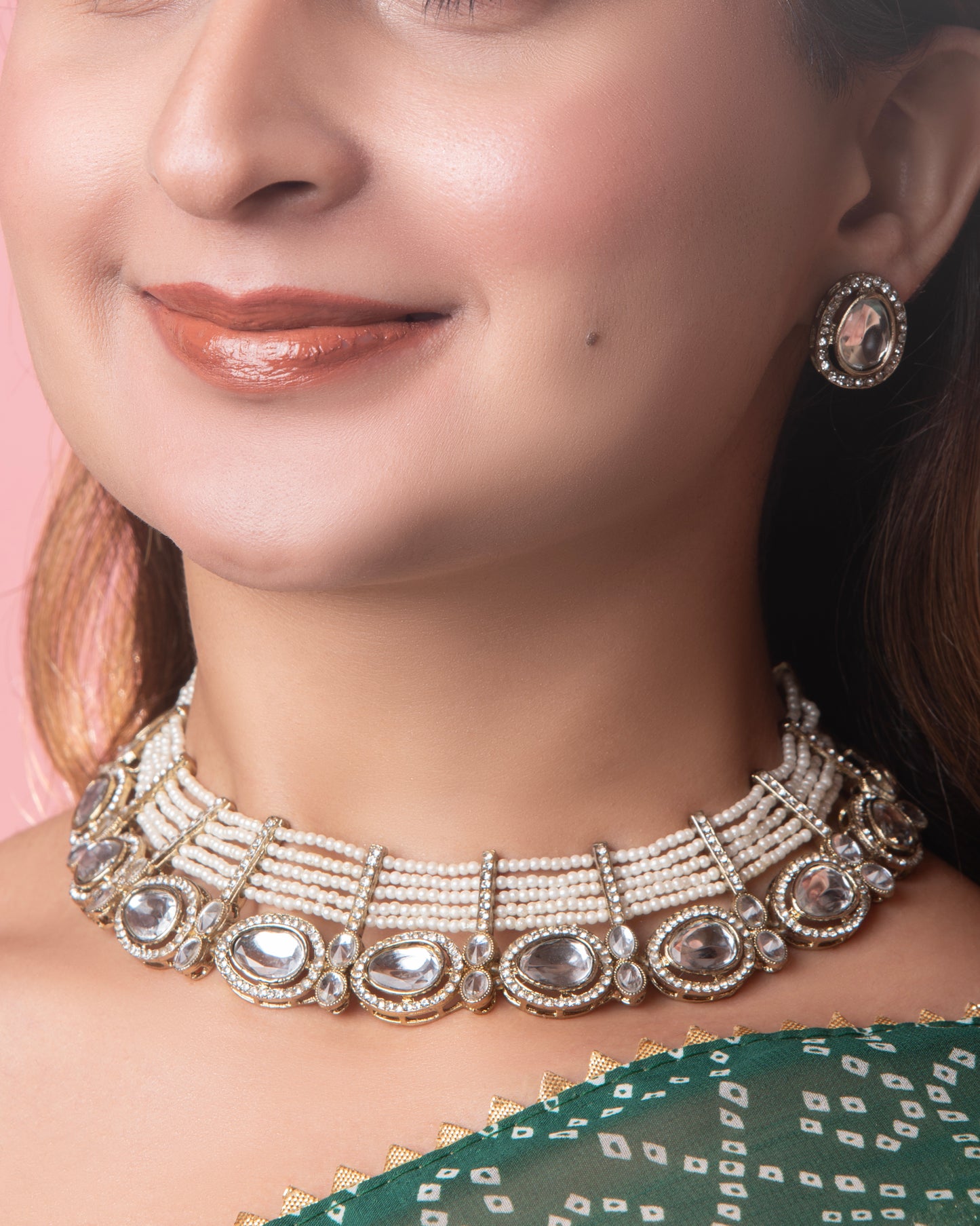 Pearl Darvesh Zircone Polki Dupe Pearl Necklace with Earring