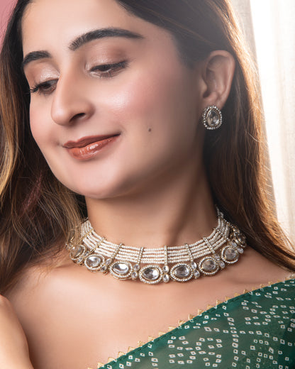 Pearl Darvesh Zircone Polki Dupe Pearl Necklace with Earring