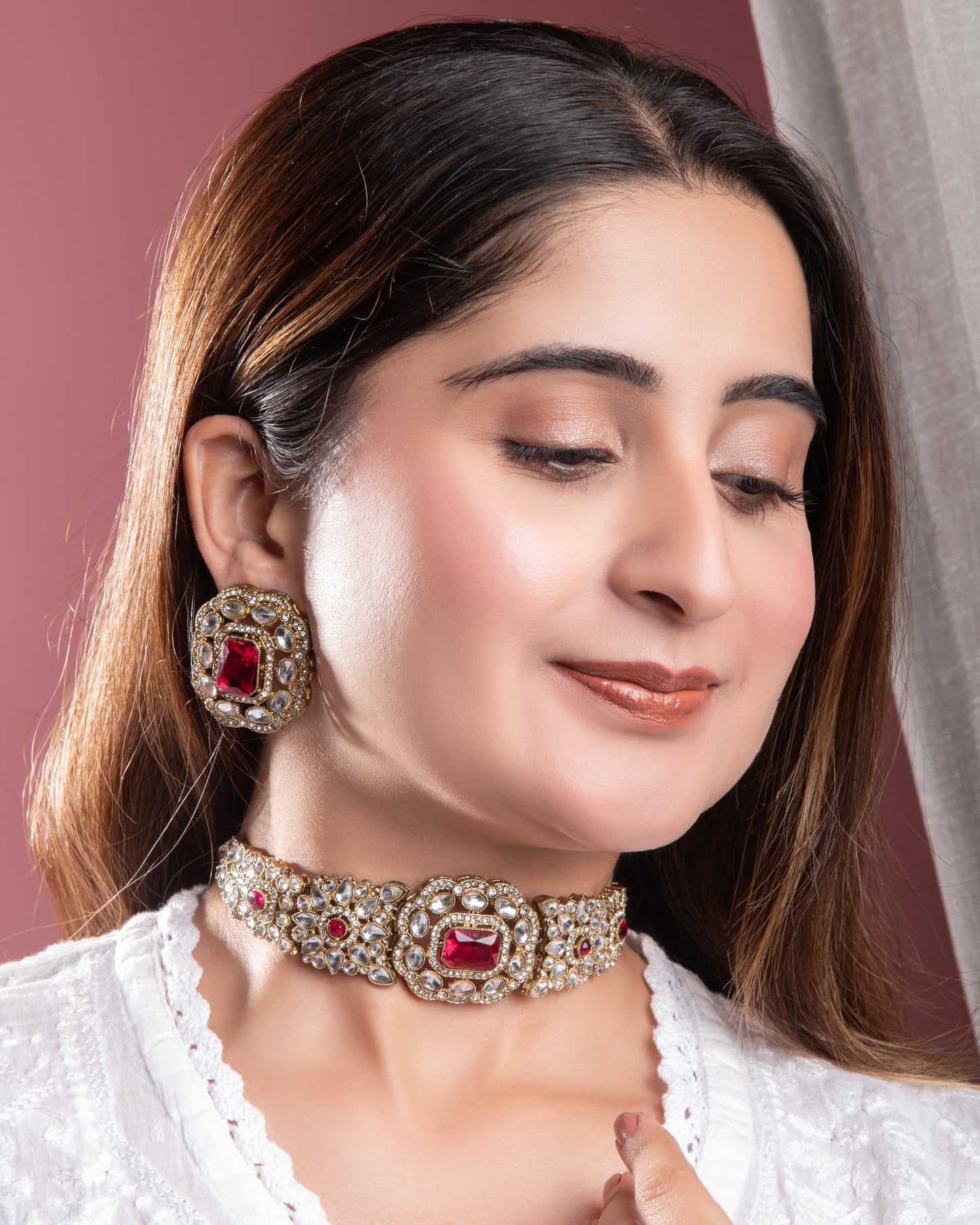 Pink Gunveen Choker Necklace Earring