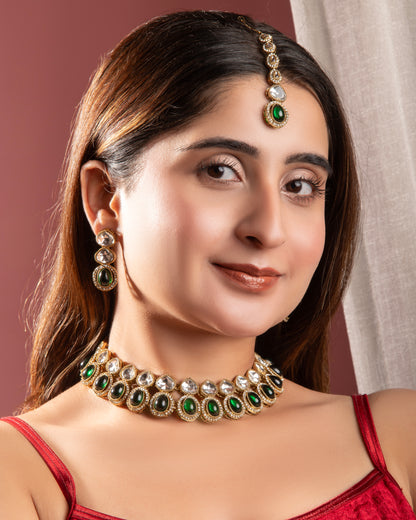 Emerald Arshiya Premium Polki Dupe Necklace with Earring and Teeka