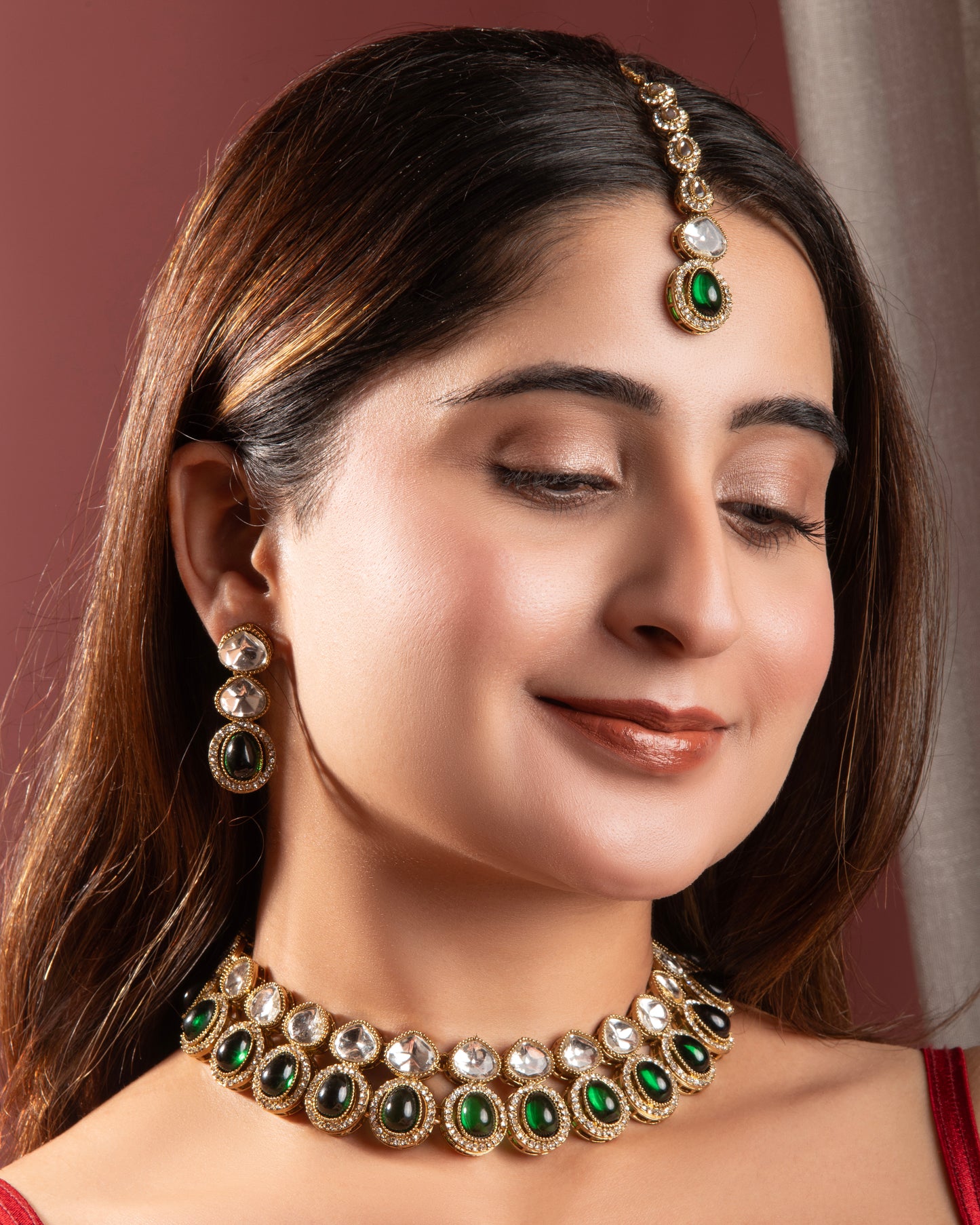 Emerald Arshiya Premium Polki Dupe Necklace with Earring and Teeka