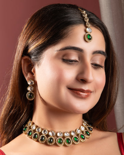 Emerald Arshiya Premium Polki Dupe Necklace with Earring and Teeka
