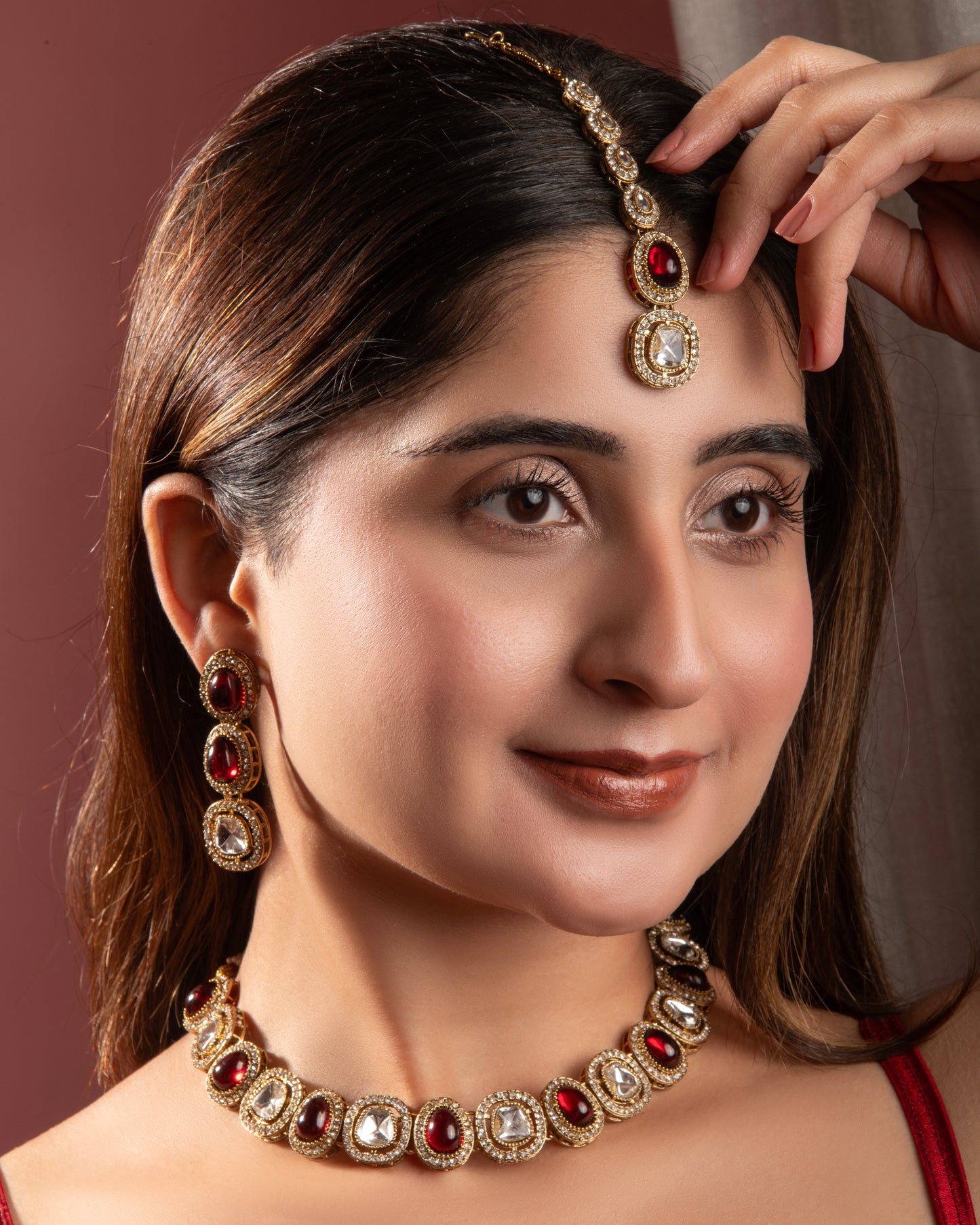 Ruby Rishita Premium Polki Dupe Necklace with Earring and Teeka