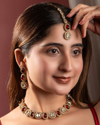 Ruby Rishita Premium Polki Dupe Necklace with Earring and Teeka
