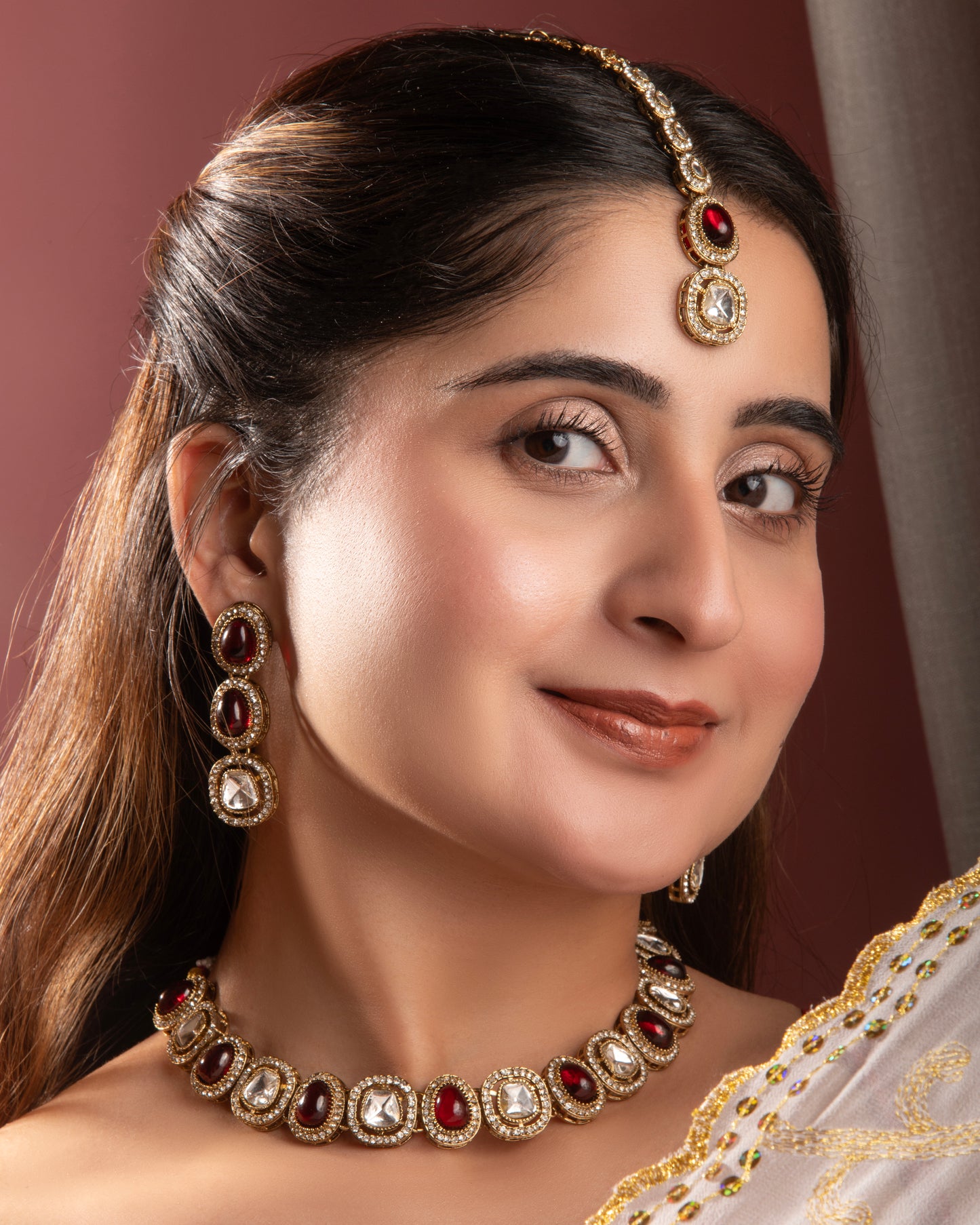 Ruby Rishita Premium Polki Dupe Necklace with Earring and Teeka