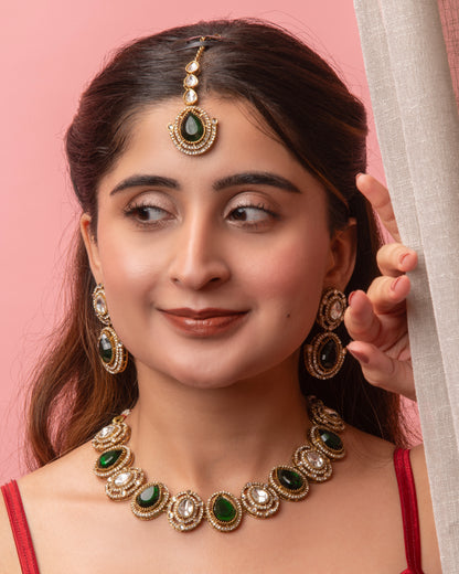 Emerald Hania Premium Polki Dupe Necklace with Earring and Mangteeka
