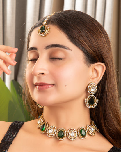 Emerald Hania Premium Polki Dupe Necklace with Earring and Mangteeka