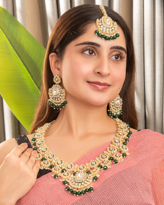 Green Noorika Heritage Kundan Necklace Set With Earring & Maangteeka