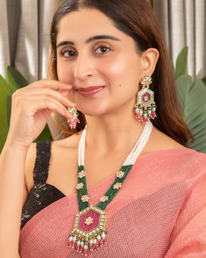 Pink Green Neelika Long Necklace Set with Earring