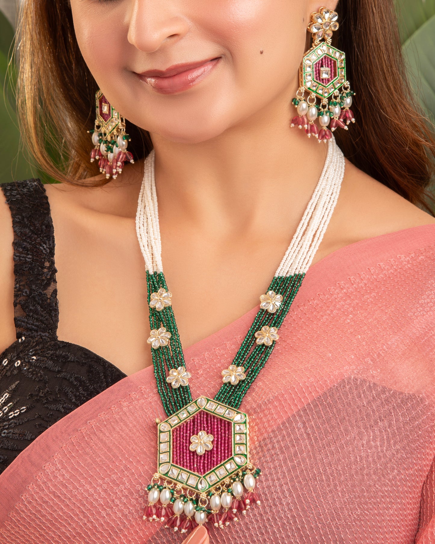 Pink Green Neelika Long Necklace Set with Earring