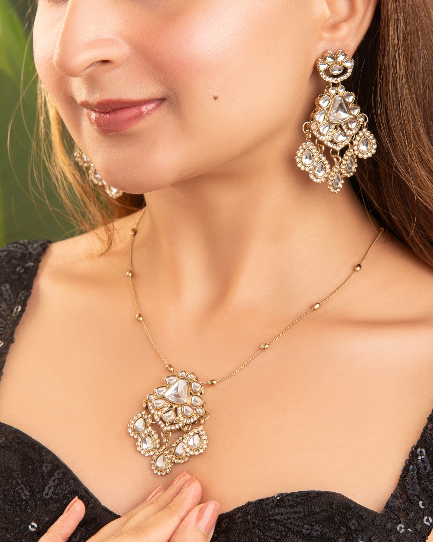 Tejaswi Polki Dupe Long Necklace Set with Statement Chandbali Earring