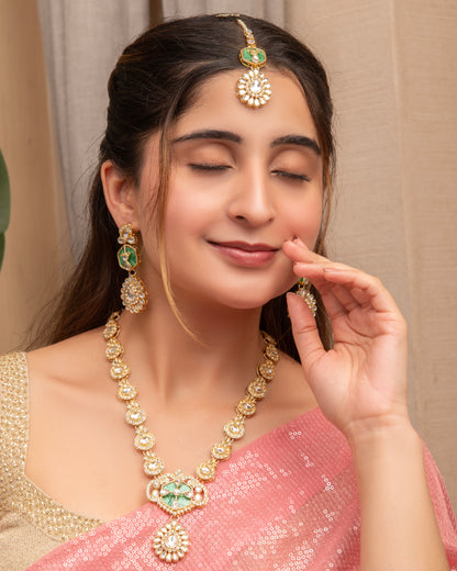 Green Vrinda Long Necklace Set with Earring and Teeka