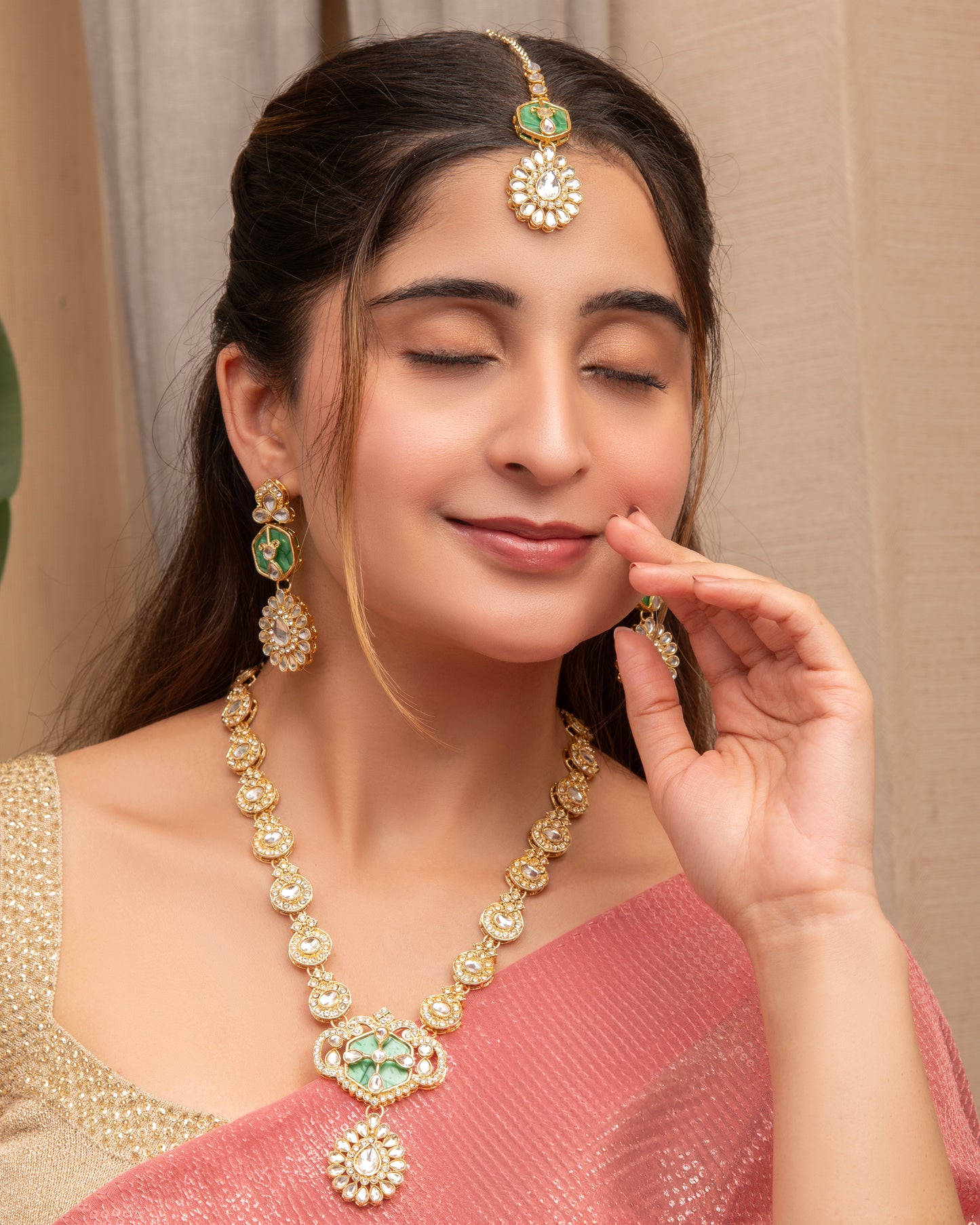 Green Vrinda Long Necklace Set with Earring and Teeka