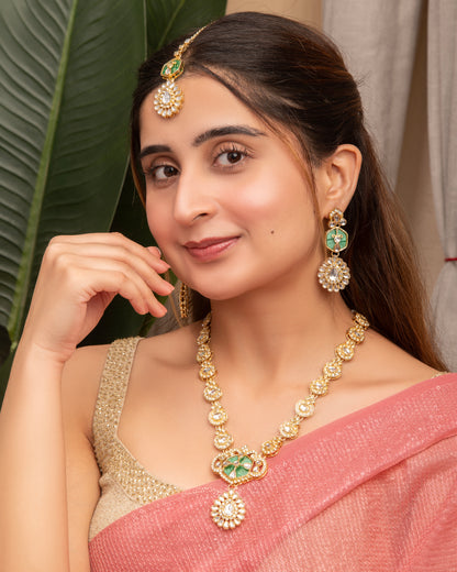 Green Vrinda Long Necklace Set with Earring and Teeka