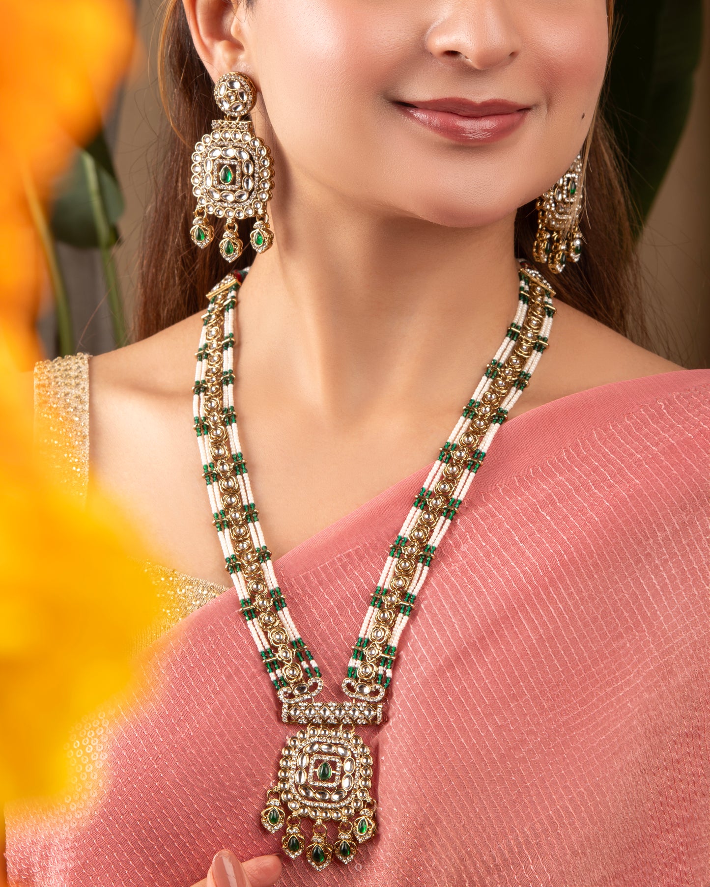 Green Shivangi Premium Long Necklace With Earring & Teeka